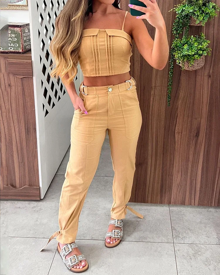 Casual Solid Color Top & Pants Two-piece Set