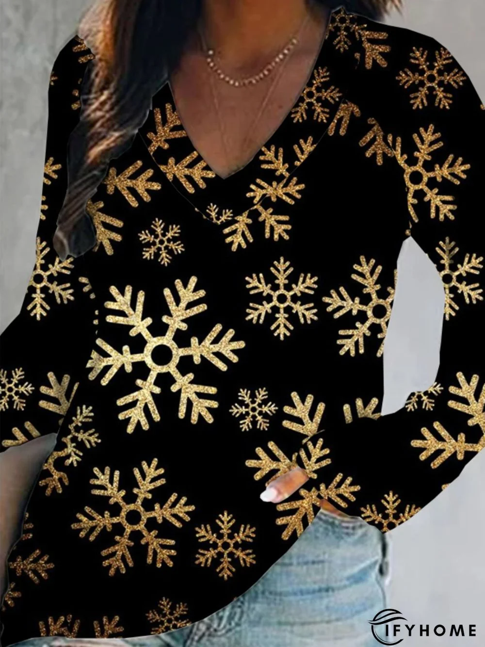 Christmas Xmas Long Sleeve V Neck Plus Size Printed Top Tunic T-Shirt | IFYHOME