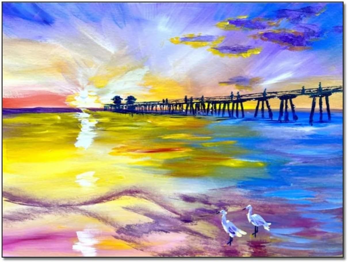 Ocean Sunset Art Pier Painting Yellow Ocean Horizon Coastal Wall Art Beach Birds Canvas Wall Art Prints Pictures for Living Room Bedroom Decor 8x10inch(20x26cm) 8x10inch(20x26cm)