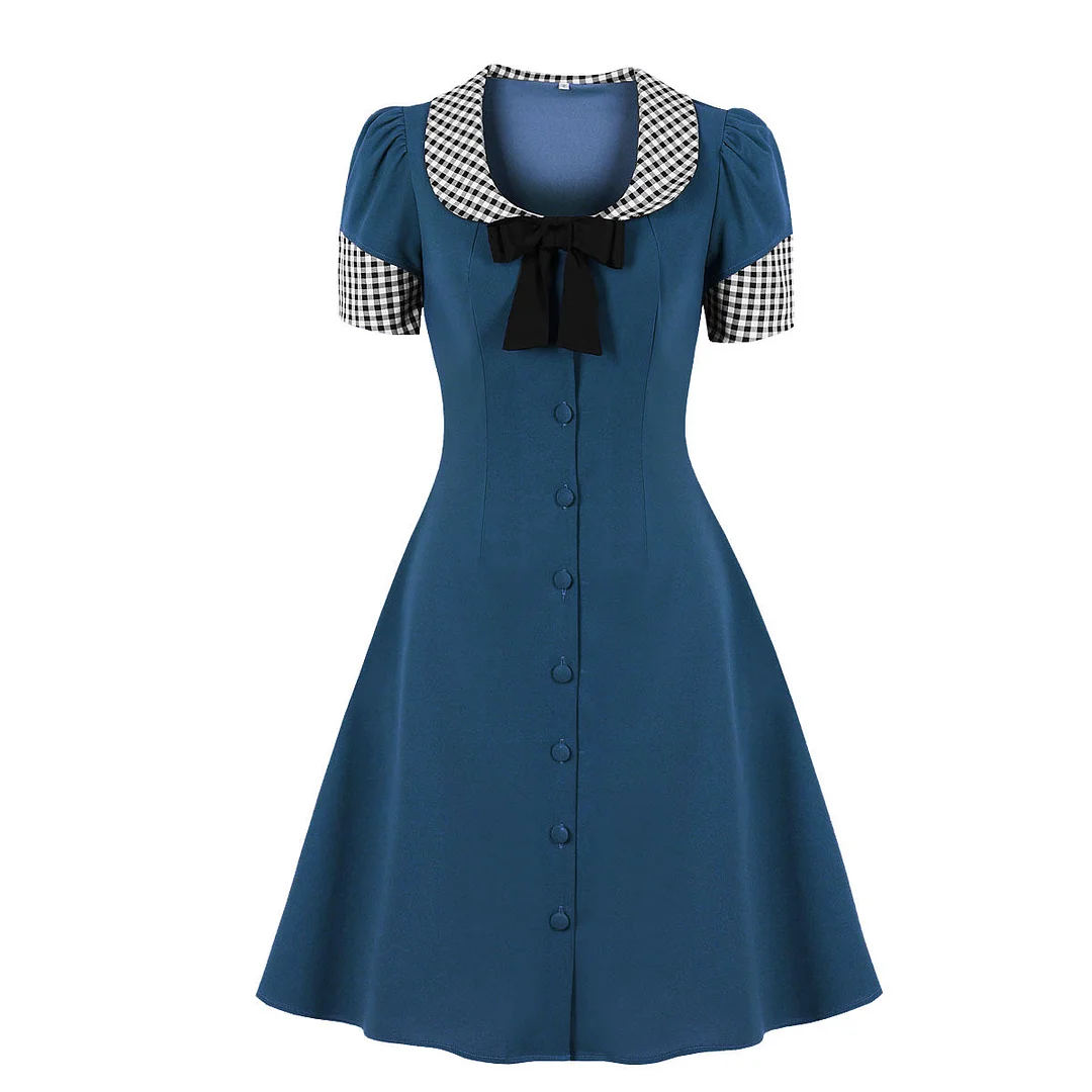 1950s Dresses Square Neck Bowknot Plaid Patchwork Aline Midi Dress