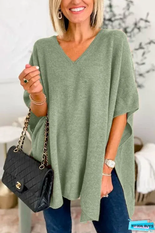 Chicest V Neck Loose Fit Solid Poncho Sweater