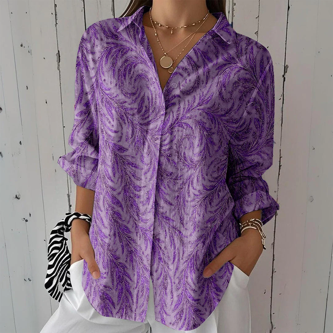 Style & Comfort for Mature Women Women Texture, Purple DZCL0393 3/4 Sleeve Shirt Collar Printed Button Tops