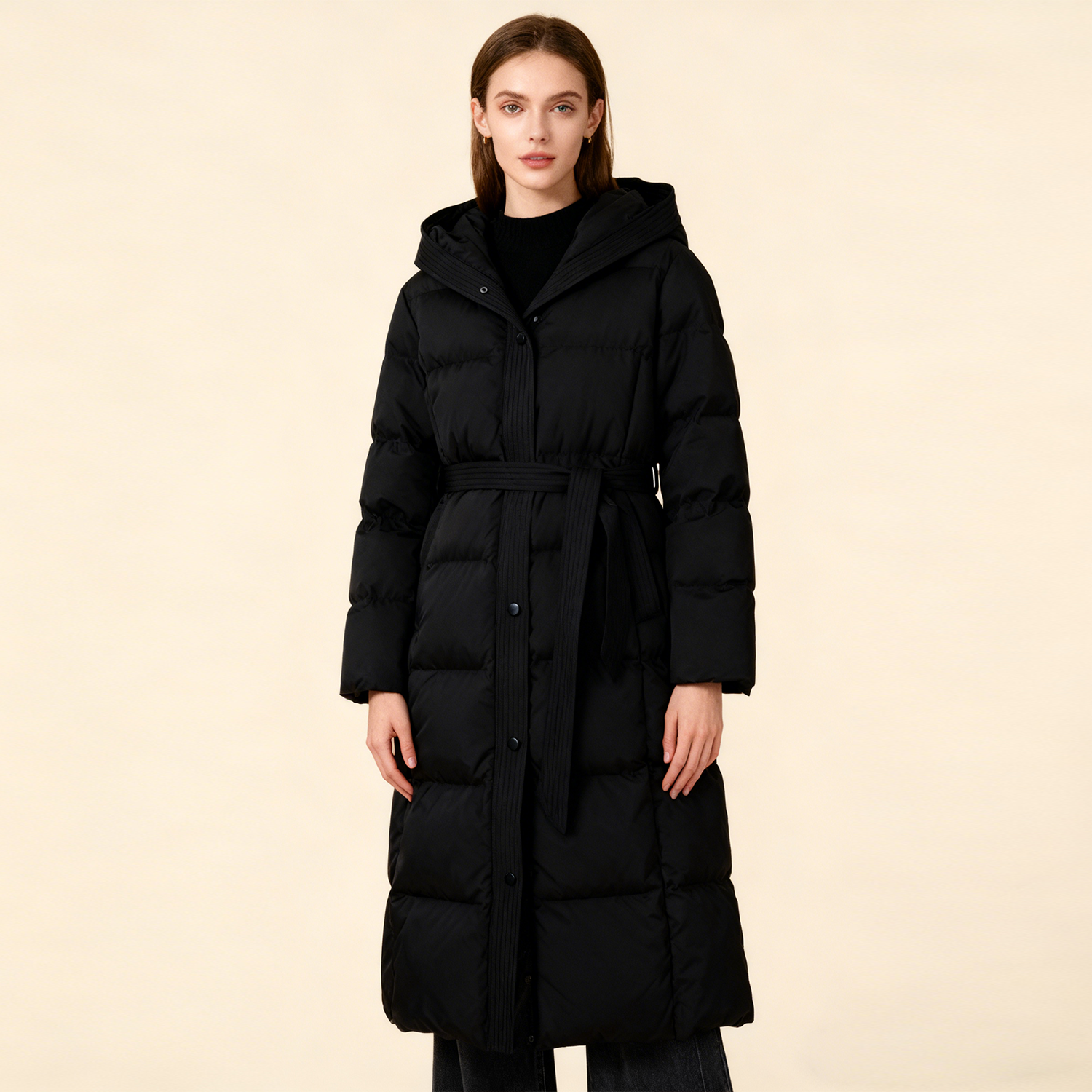 Women's Down Jacket Hooded With Belt REAL SILK LIFE