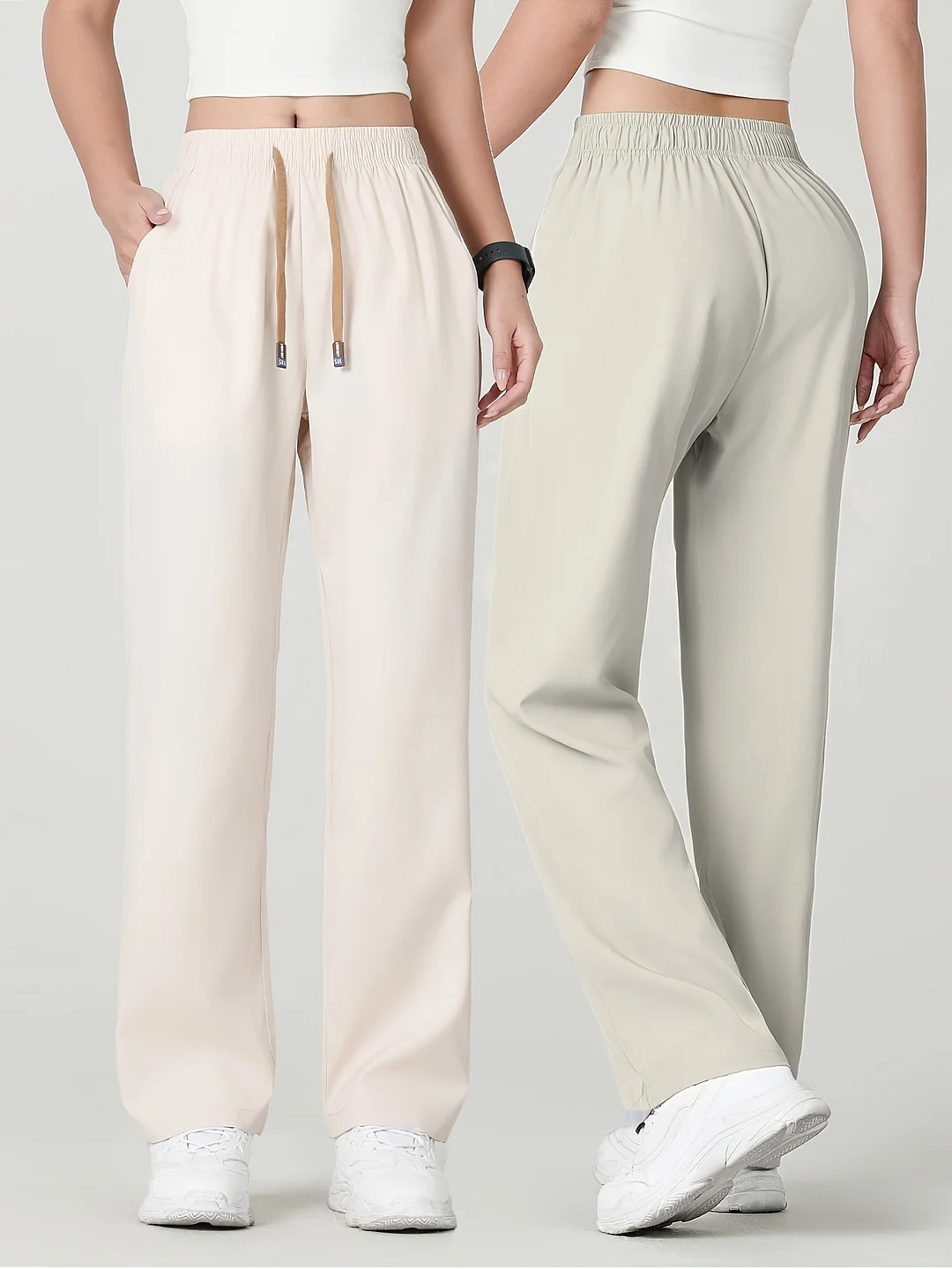 2pcs Women's Lightweight Breathable Athletic Pants - Stretchy Polyester-Spandex Blend, Straight Leg Casual Joggers With Drawstring Waist & Side Pockets, Spring/Summer Workout Lounge Pants For Women Black & Light Grey | IFYHOME