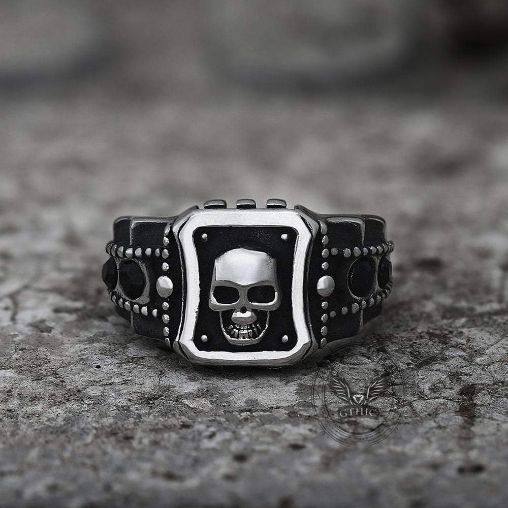 Cube Black Zircon Crystal Stainless Steel Skull Ring