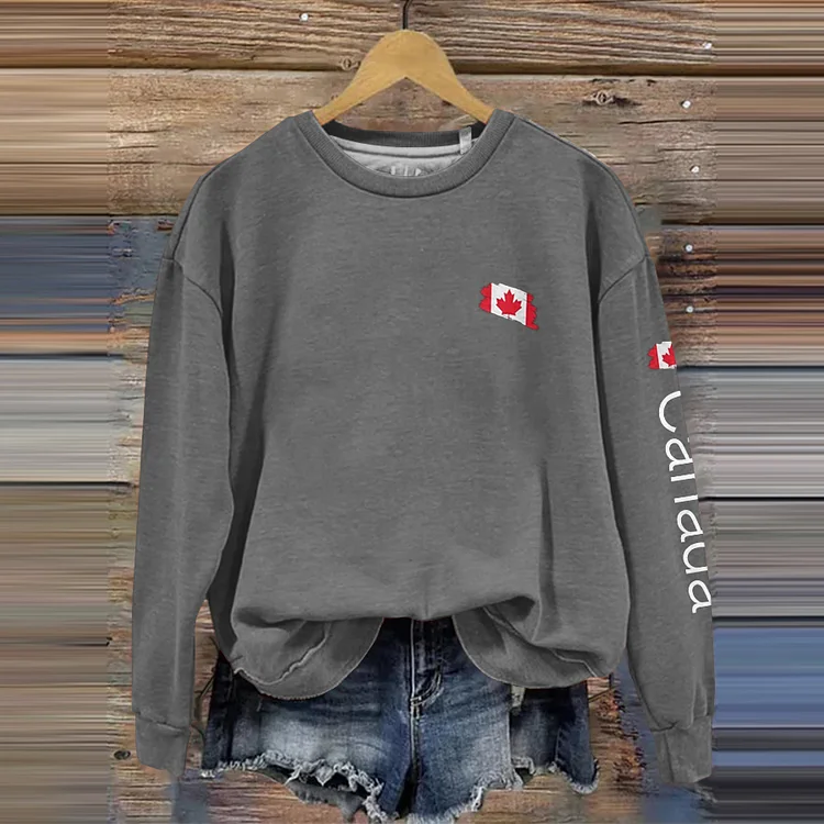 Simpfit Lässiges Sweatshirt mit Rundhalsausschnitt und kanadischem Flaggen-Print für Damen