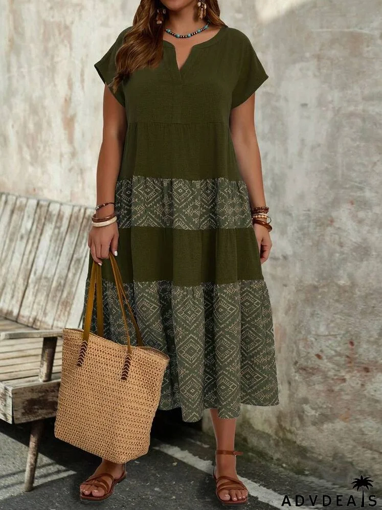 Plus Size Women's Geometric Printed Casual Short Sleeve Country Linen Dress With Notched Neckline And Ruffled Hem For Summer