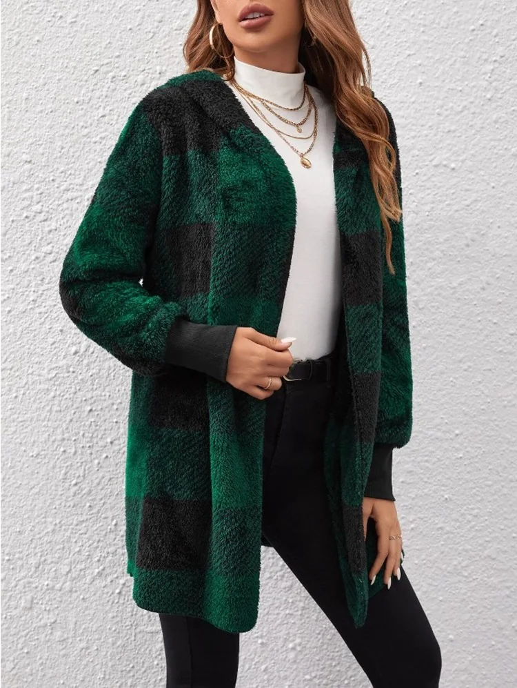 Women's Plaid Hoodie Cardigan Color Block Open Front Woolen Cardigan Coat