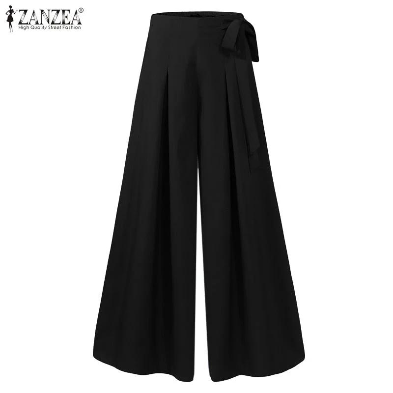 ZANZEA Summer Wide Leg Pants Women High Waist Long Trousers Casual Solid Pleated Pantalon Elegant Flare Pant Streetwear Oversize