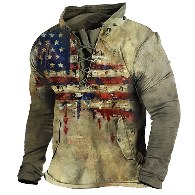 Mens Turtleneck Graphic Print Flag Lace-Up Pocket Sport and Casual Everyday Sweatshirt