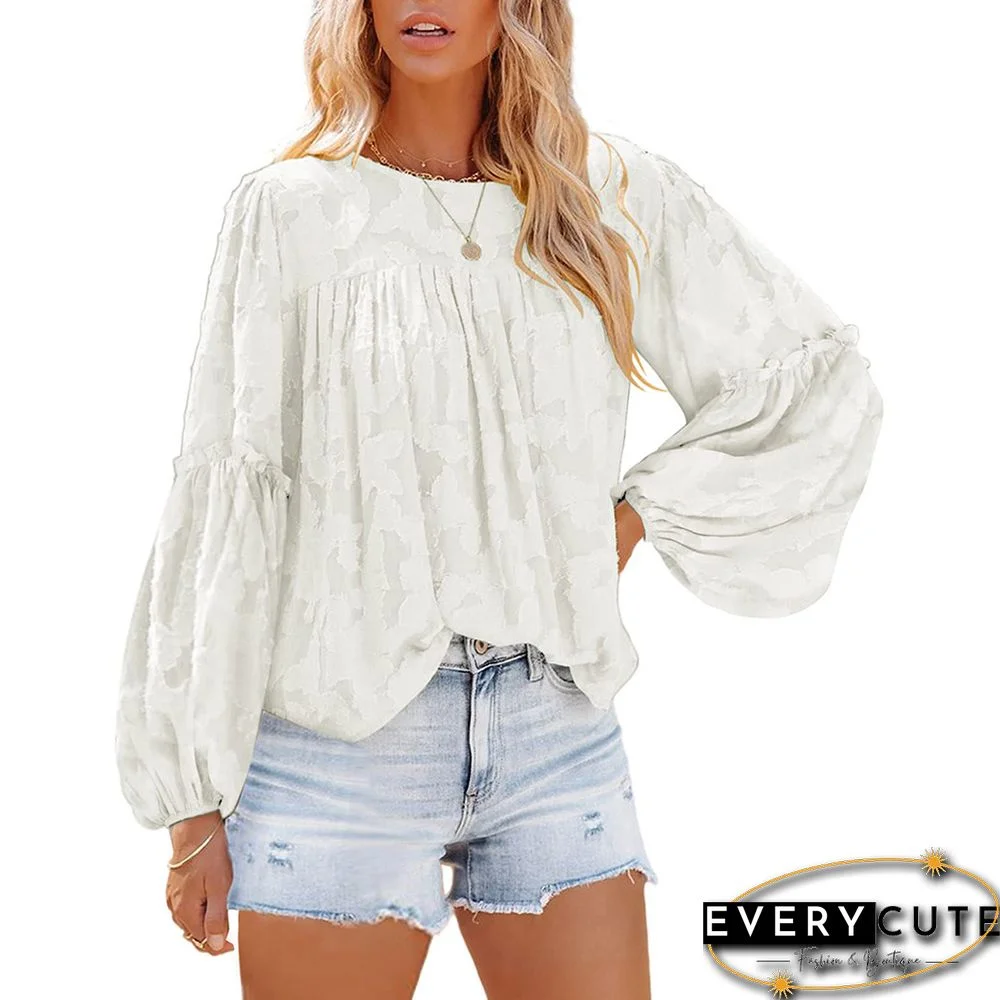 White Jacquard Puff Long Sleeve Blouse