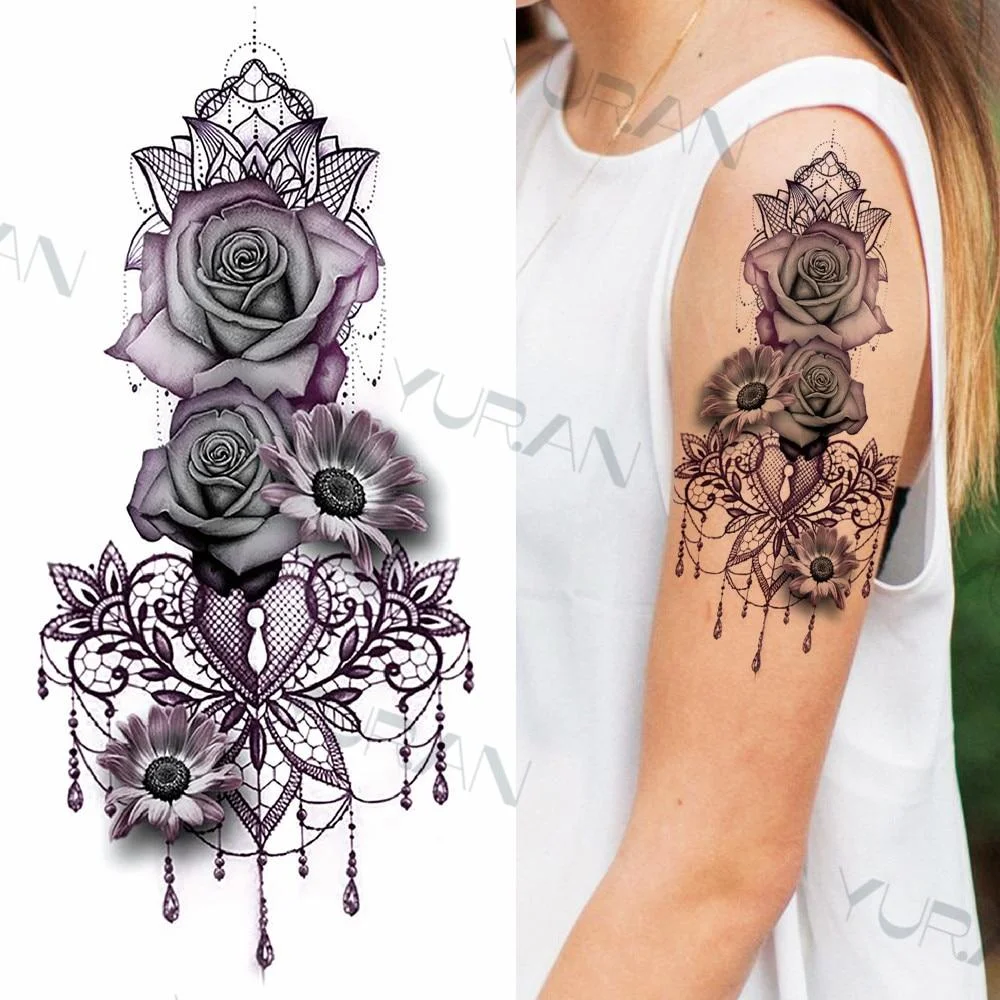 Black Large Snake Flower Fake Tattoo Sticker For Women Dot Rose Peony Temporary Tattoos DIY Water Transfer Tatoos Girls 1029