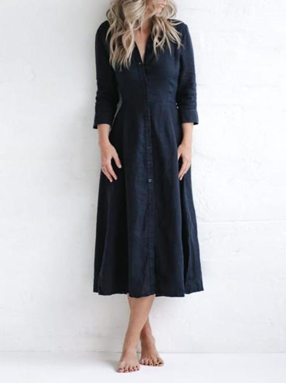 Casual Lapel Button Long Sleeve High Waist Solid Color Cotton And Linen Dress