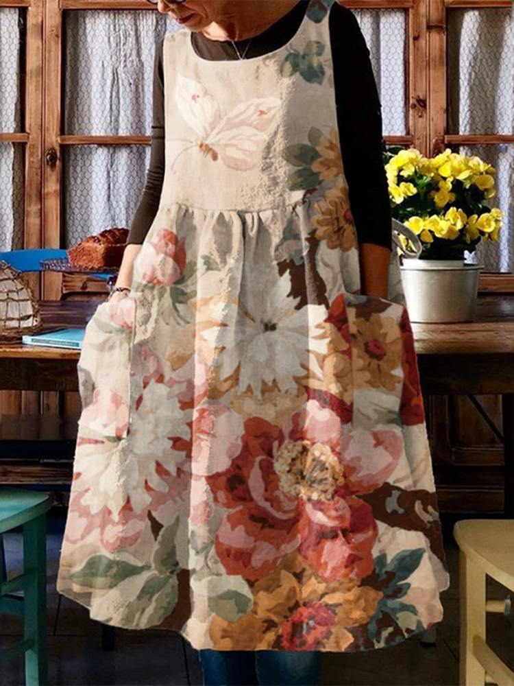 Comstylish Vintage Floral Print Sleeveless Loose Midi Dress