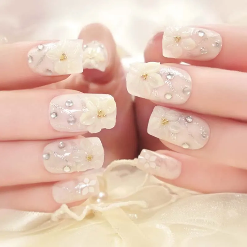 Free shipping items 24pcs fake nails Adhesive glue Nude crystal pearl decoration Carving Flowers finger Nail tips For Wedding-Nail Inspo