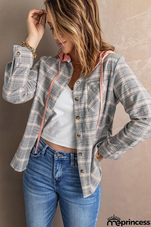 Drawstring Plaid Hooded Shirt Coat