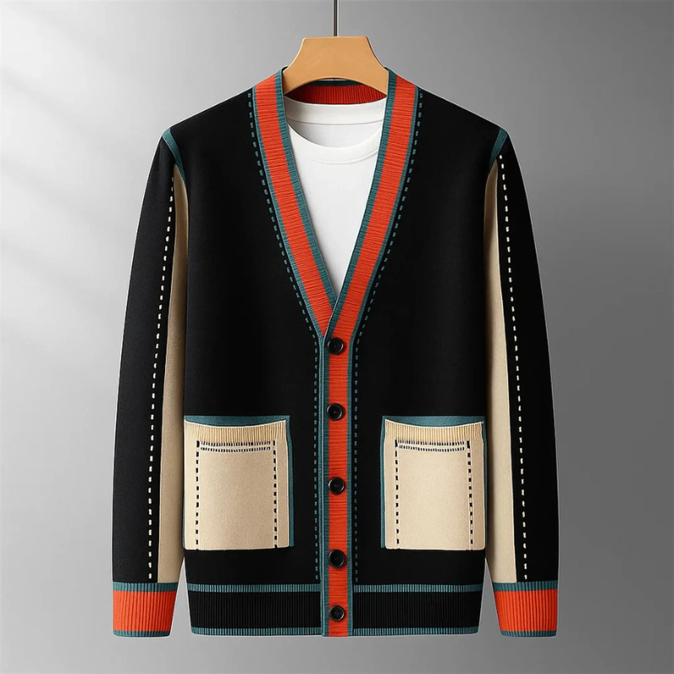 Men's Wool-Blend Cardigan &ndash; Contrast Trim Knit Jumper