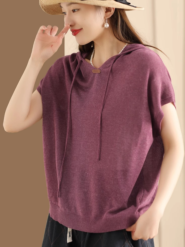 Vintage Linen Knit Short Sleeve Hooded T-Shirt