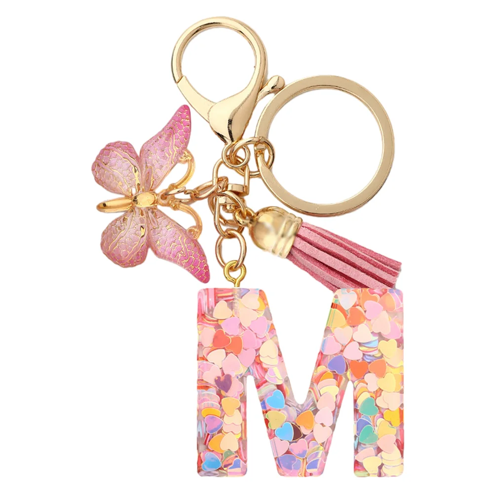 Resin Initial Letter Keychains Alphabet Letter Keychain Pink Tassel Butterfly Key Ring