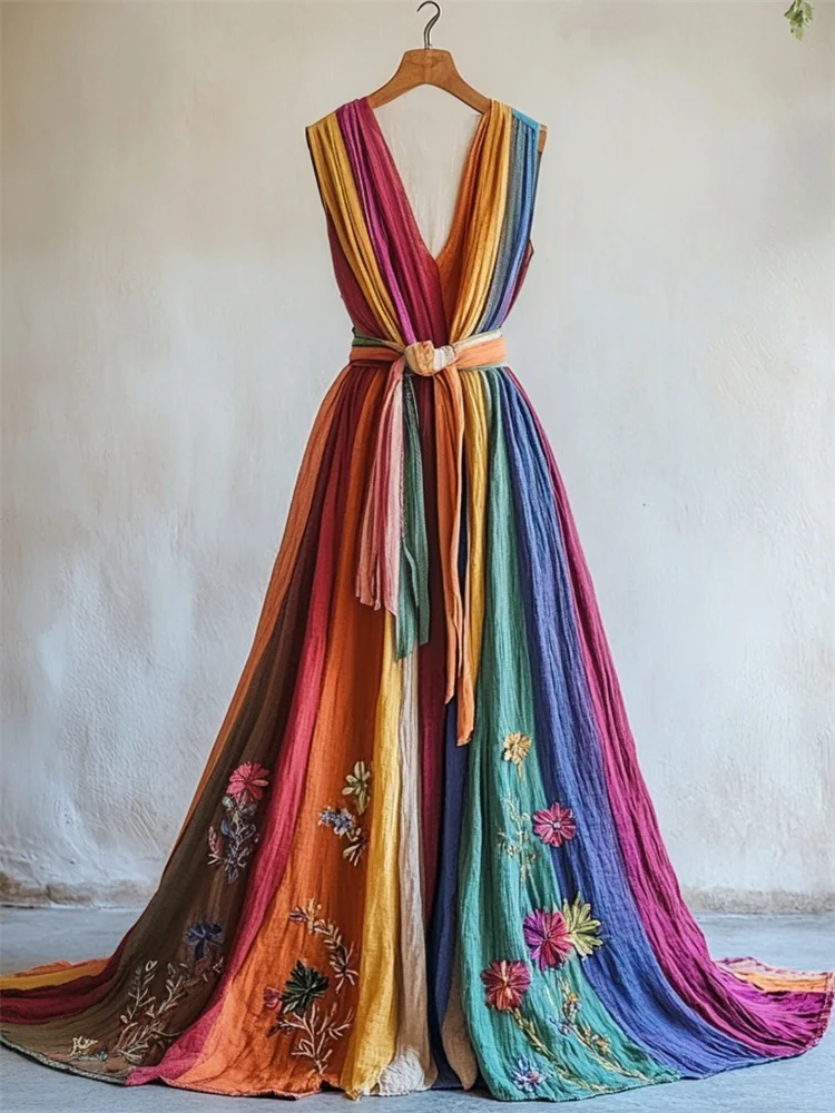 Simpfit Maxikleid aus Nachahmung aus Baumwolle und Leinen mit BlumenDrucken und Regenbogen-Farbblockdesign