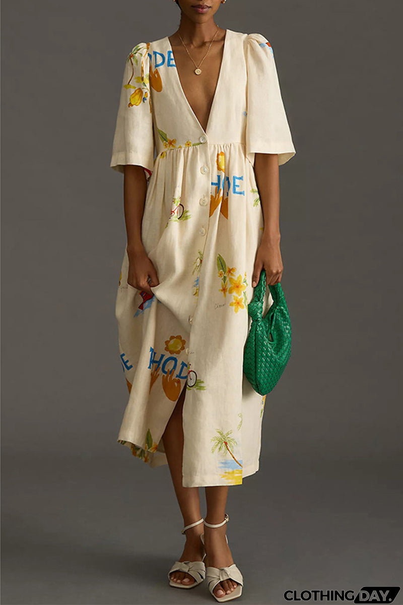 Casual Character Print Buttons V Neck A Line Dresses
