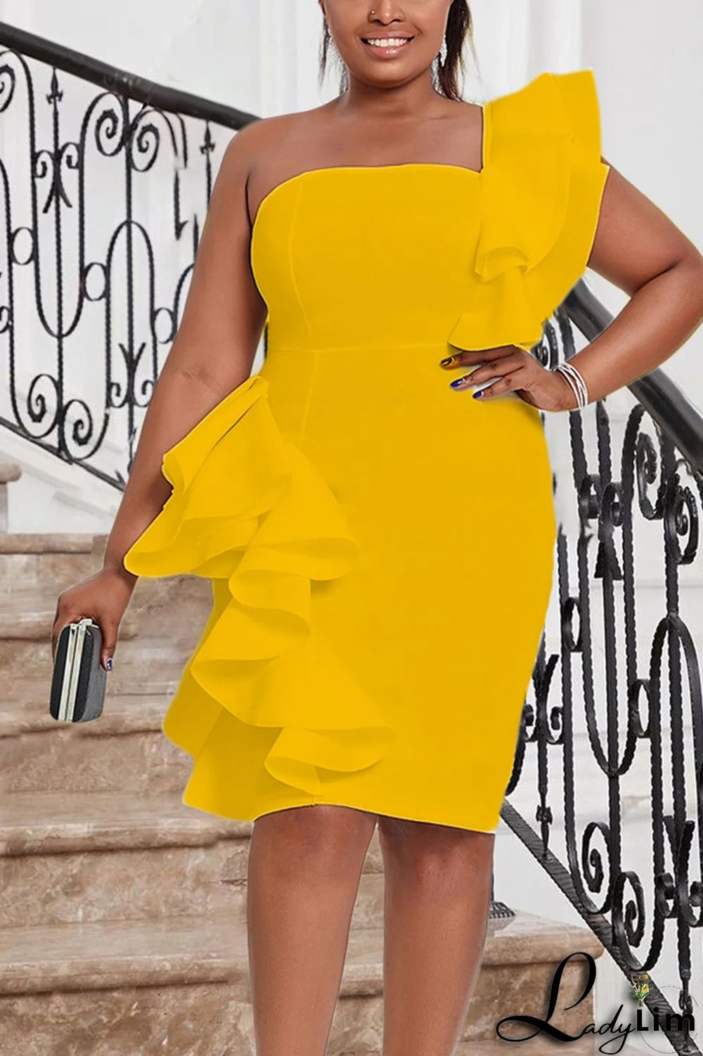 Yellow Celebrities Elegant Solid Patchwork Flounce Strapless One Step Skirt Dresses