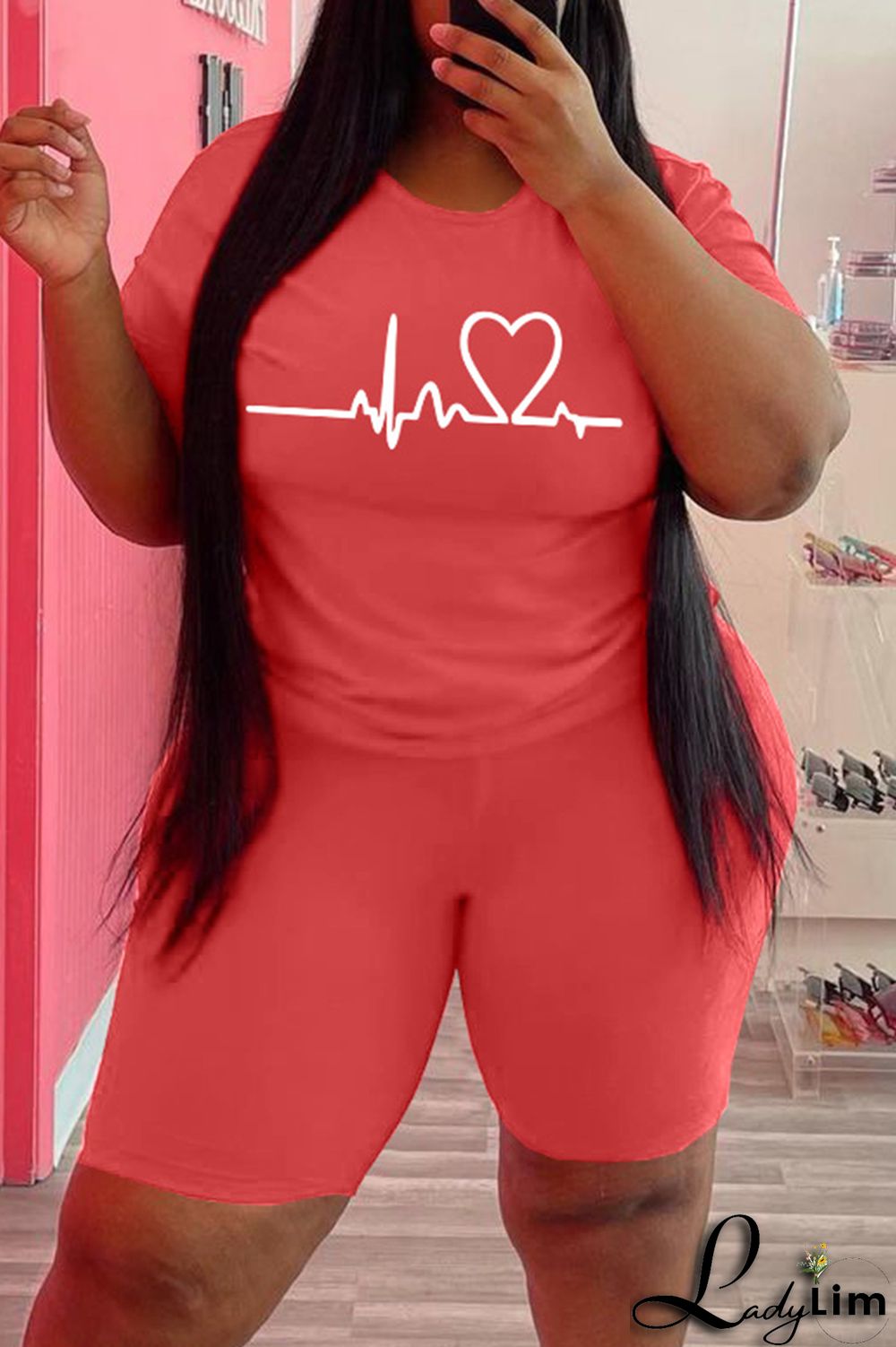 Black Fashion Casual Print Basic O Neck Plus Size Two Pieces