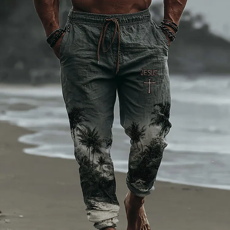 Men's Vintage Faith Cross In Forest Art Loose And Comfortable Cotton And Linen Pants