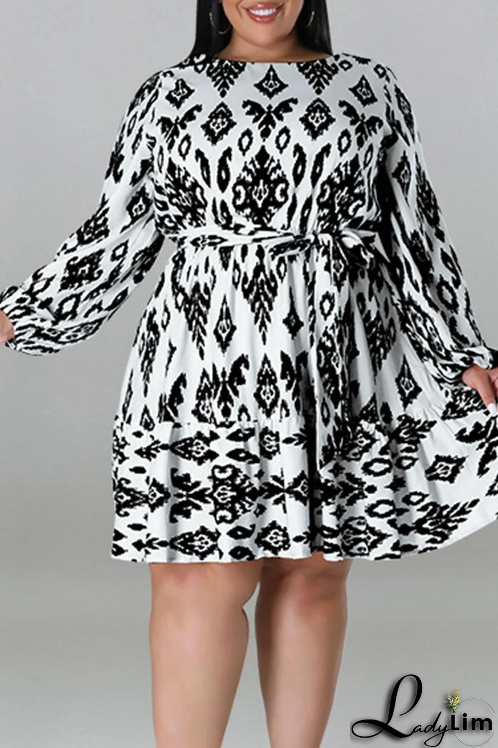 White Casual Print Bandage Patchwork O Neck Straight Plus Size Dresses