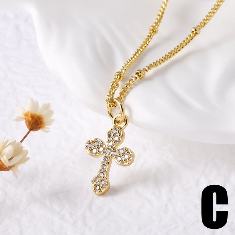 201 Stainless Steel Copper Cable Chain 18K Gold Plated Plating Cross Zircon Pendant Necklace