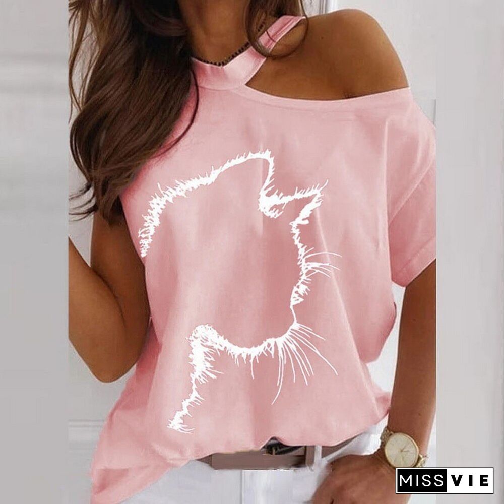 Sexy Blouse Women Elegant Fashion Short Sleeve Hollow Out Blouse Cat Cute Print One Shoulder Pullover Women Clothing Summer D30