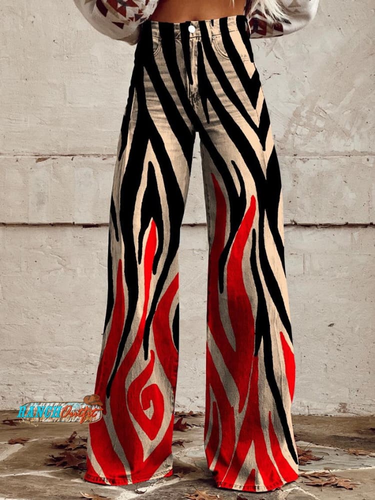 Women’s Red And Black Flames Print Casual Wide Leg Pants Multicolor / Xs