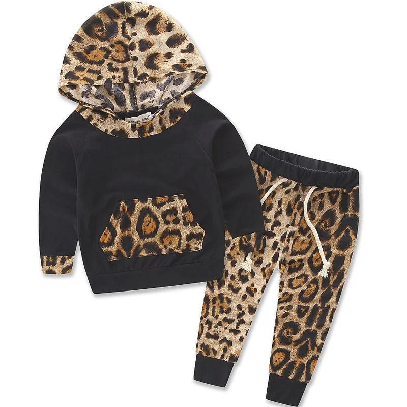 Newborn Infantil Toddler Kid Baby Boys Baby Girls Unisex Leopard Pullover Hooded Coat + Pants 2PCS Set Clothes Outfit