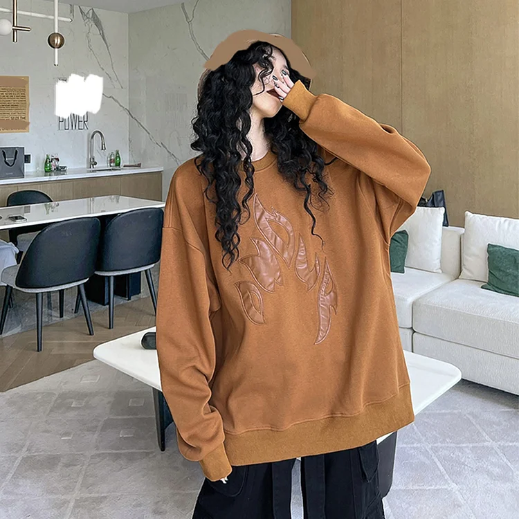 Street Loose Solid Color O-neck Patch Decor Long Sleeve Hoodie      