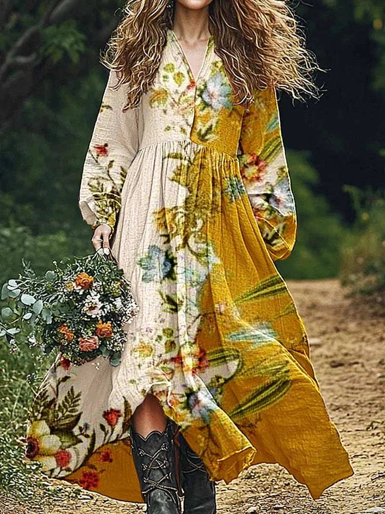 Womens Vintage Art  Floral Pattern Cotton And Linen Dress