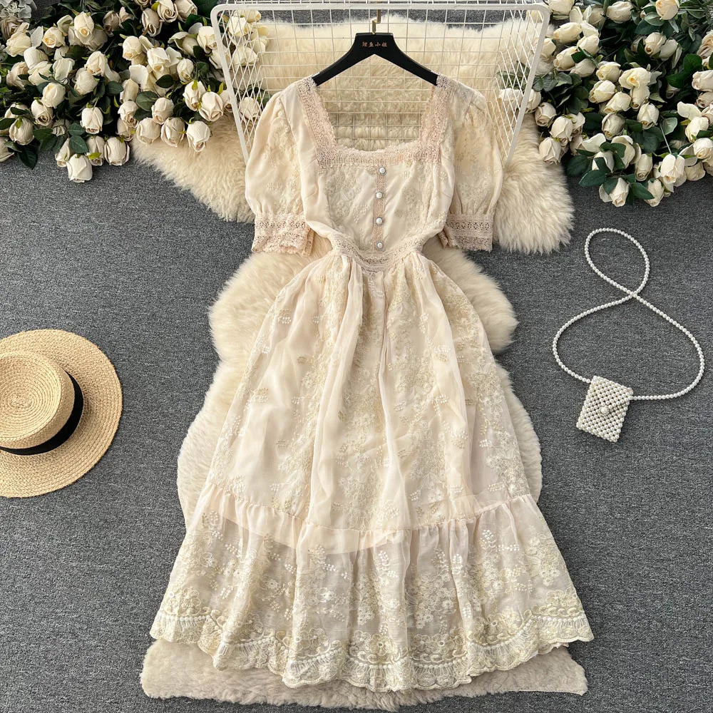 Aiertu  High Quality Lace Embroidery Long Dress Women Short Sleeves Mesh A Line Sundress French Vintage Floral Midi Dress Aiertu