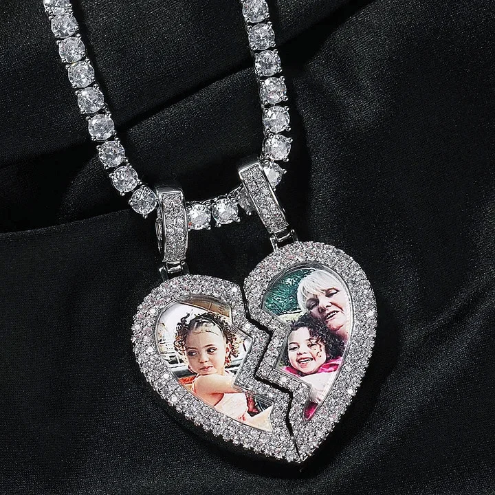 Custom Photos Iced Out Broken Heart Magnetic Frame Pendant Hiphop Necklace-VESSFUL