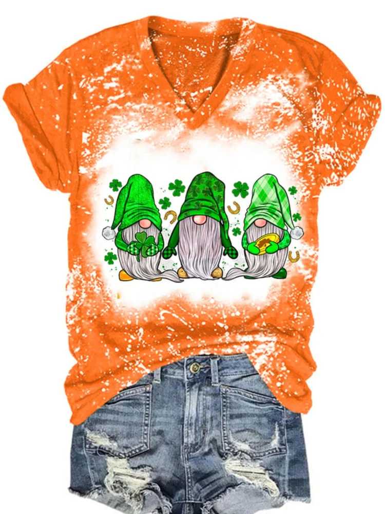 Gnome Clover Bleached Casual Short Sleeve T Shirt