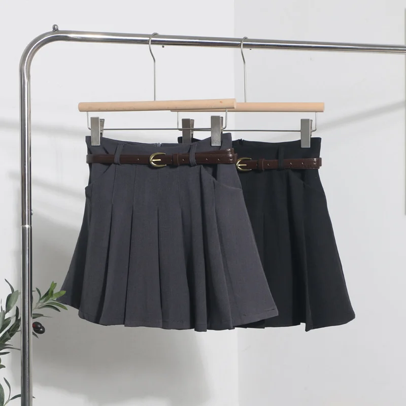Uveng College Style Gray Half Skirt Short Skirt Small High-Waist A-Word Skirt Jk Skirt With Belt 8200