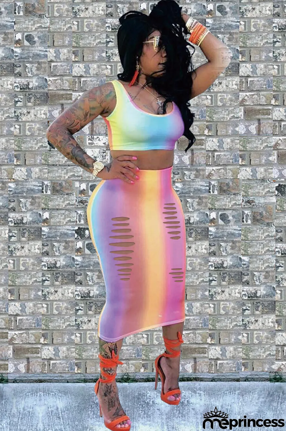 Ombre Sexy Fashion Tank Sleeveless O neck Step Skirt Mid-Calf hollow out Print Fluorescent hole backless