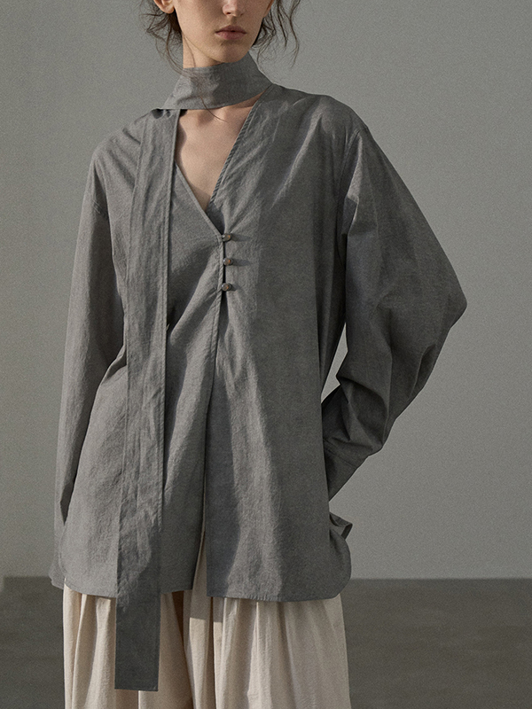 Artistic Long Sleeves V Neck Single Buttons Cotton Linen Blouses
