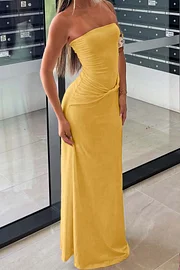Cream-colored Semi-formal Strapless Pleated Sheath Prom Dress ZT0592