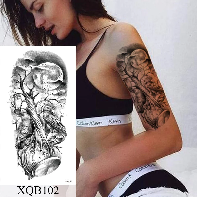 Waterproof Temporary Tattoo Sticker Moon Sea Mermaid Flash Tattoos Flowers Skull Dragon Body Art Arm Fake Tatoo Women Men