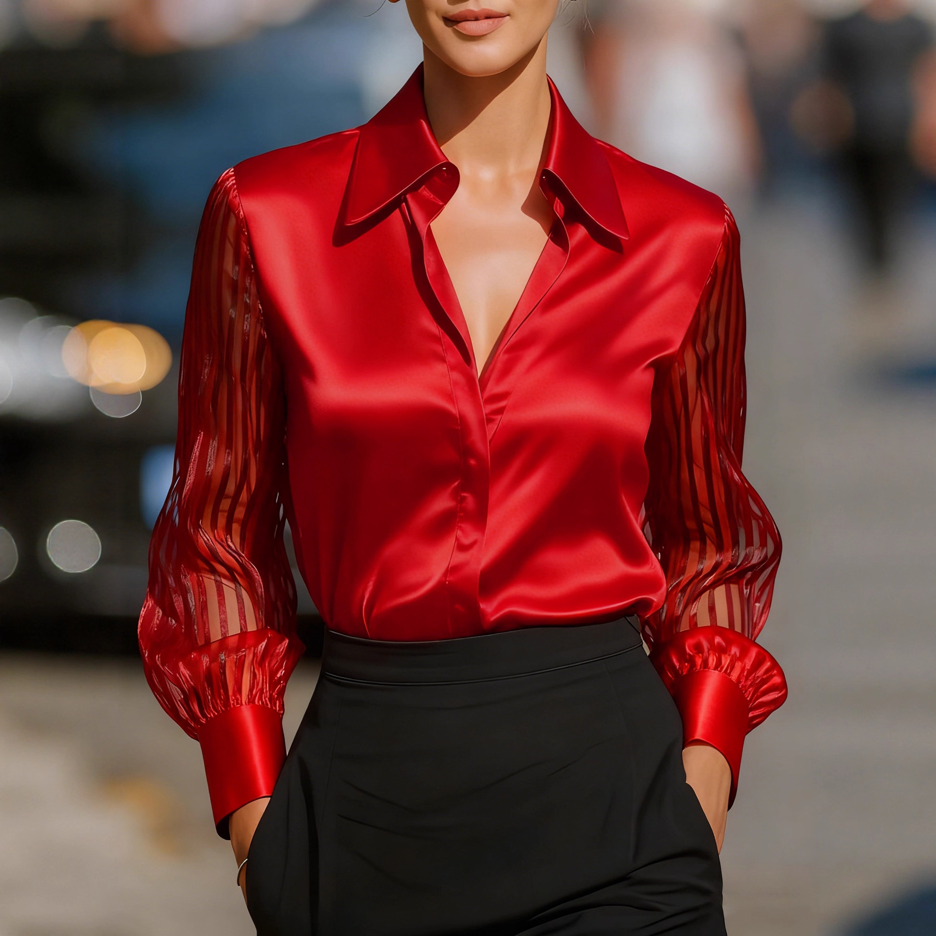 Solid Lapel Sheer Mesh Long Sleeve Shirt