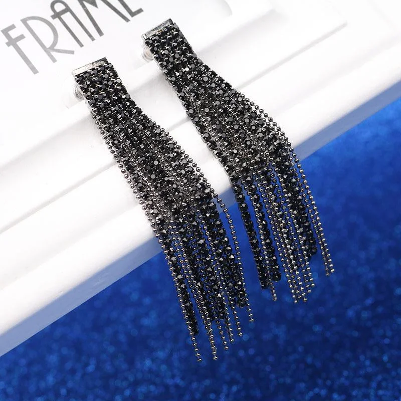 Black/Silver Color Long Crystal Tassel Dangle Earrings-VESSFUL