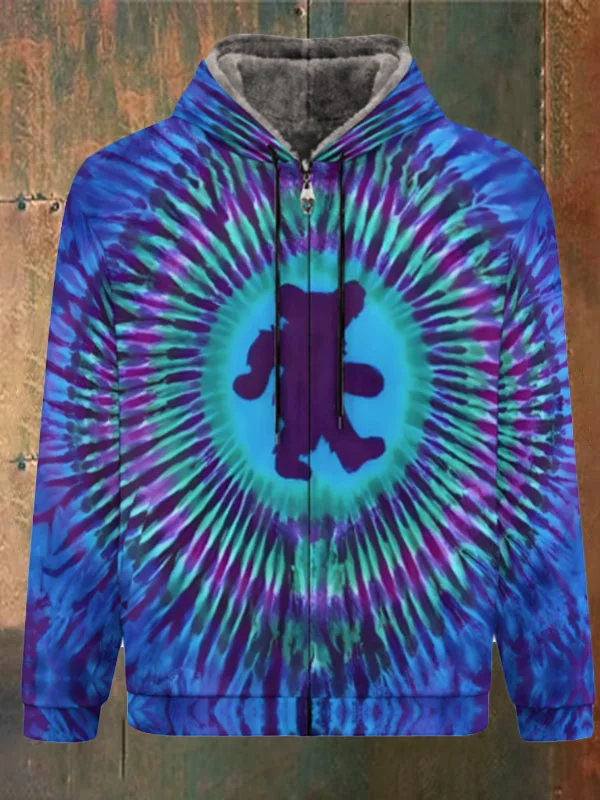 Unisex Bear Print Double Layer Fleece Zip-Up Hooded Jacket