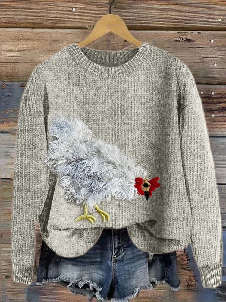 VChics Fuzzy Chicken Embroidery Cozy Knit Sweater