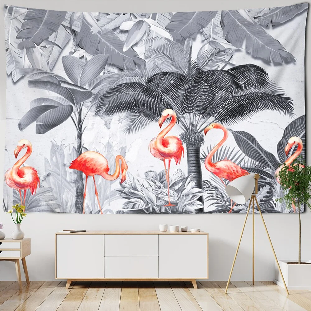Nature Palm Tree Landscape Flamingo Tapestries Animal Leaves Tropical Tree Tapestry Wall Fabric Tablecloth Beach Wall Cloth