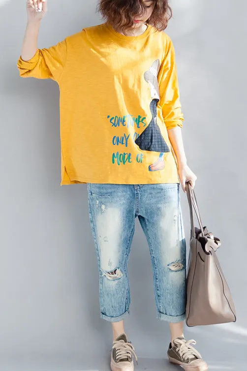 Elegant Yellow Cotton Linen Tops Women Plus Size Wardrobes Neck Long Sleeve Loose Spring
