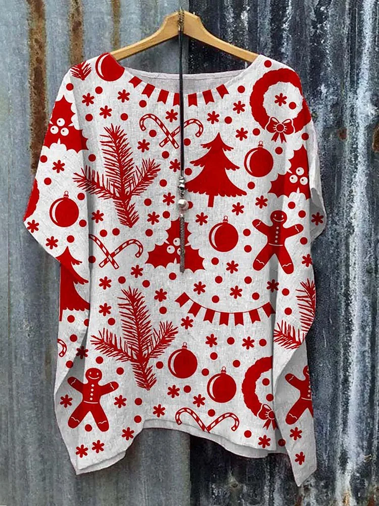 Red White Christmas Print Gingerbread Man Bell Tree Short Sleeved Top
